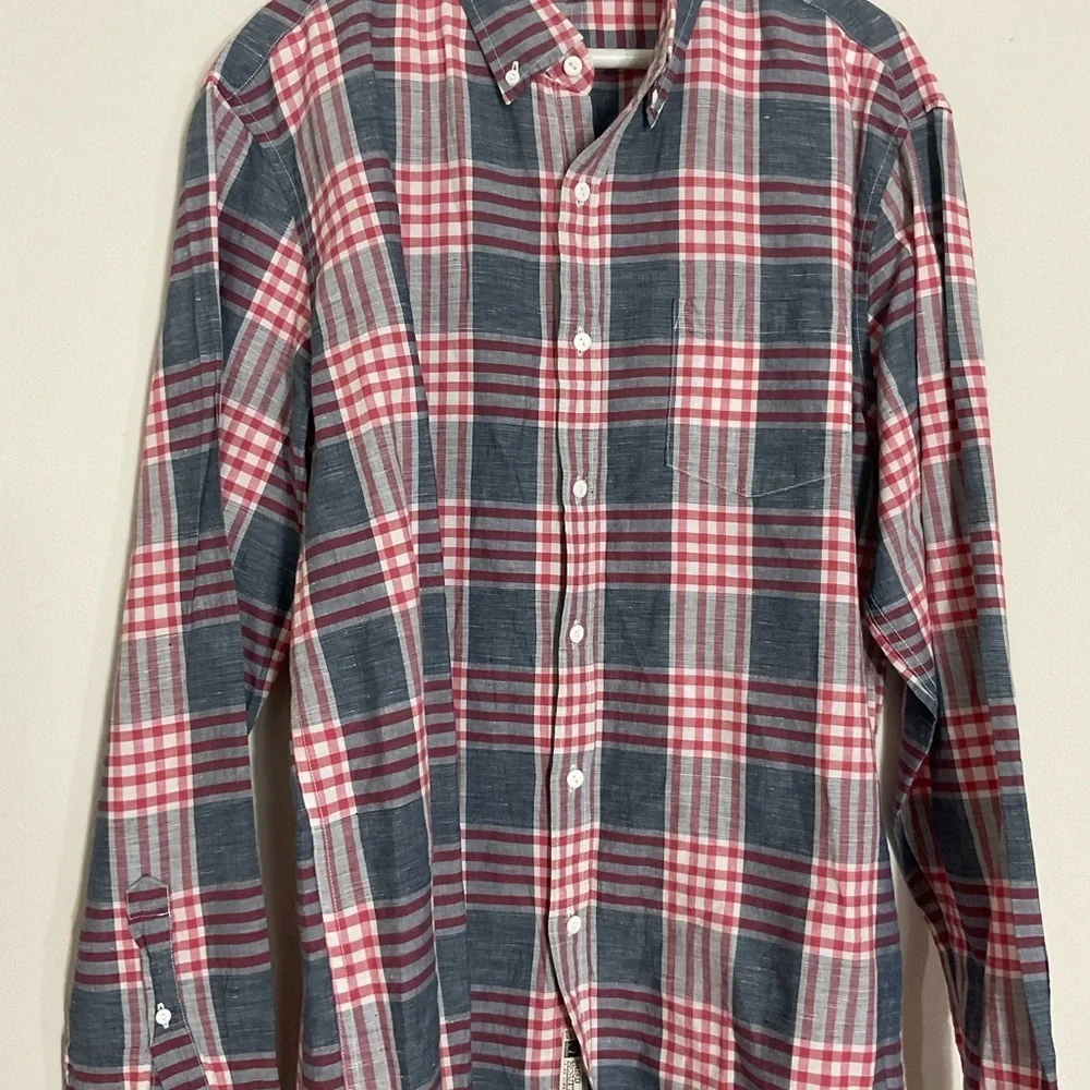J. Crew linen Red and Blue Plaid Casual Button Down Shirt men size XL